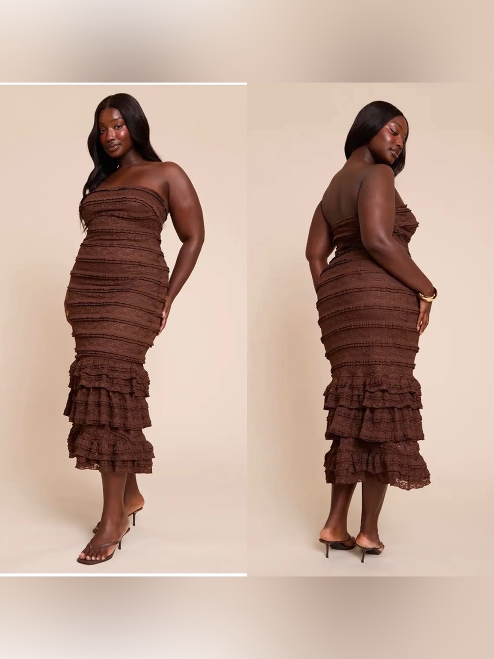 PrettyLittleThing Chocolate Brown Strapless Ruffle Midi Dress